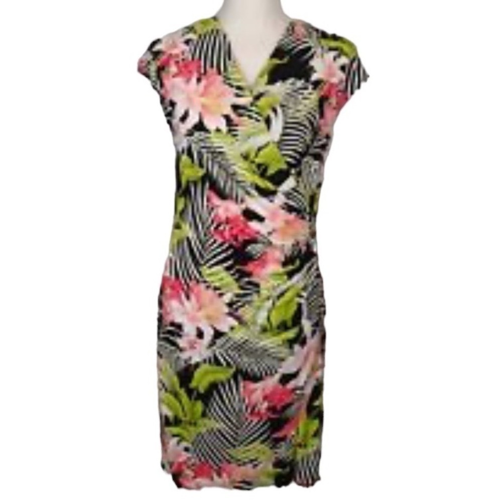TOMMY BAHAMA Faux-Wrap Dress Sleeveless Tropical Green Black Pink Womens…